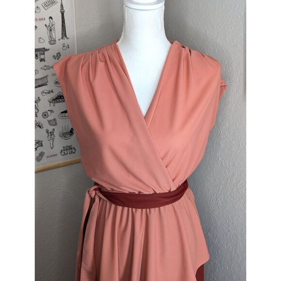 Vintage Draped Wraped Midi Dress Belted Contrasting Peach Maroon Size 12 Grecian - Picture 4 of 9